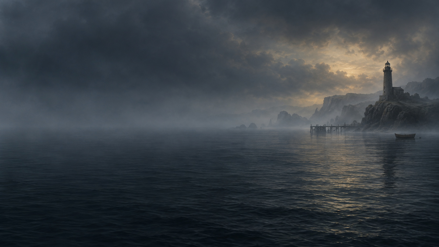 A small boat approaches a lantern-lit harbor through the mist.
