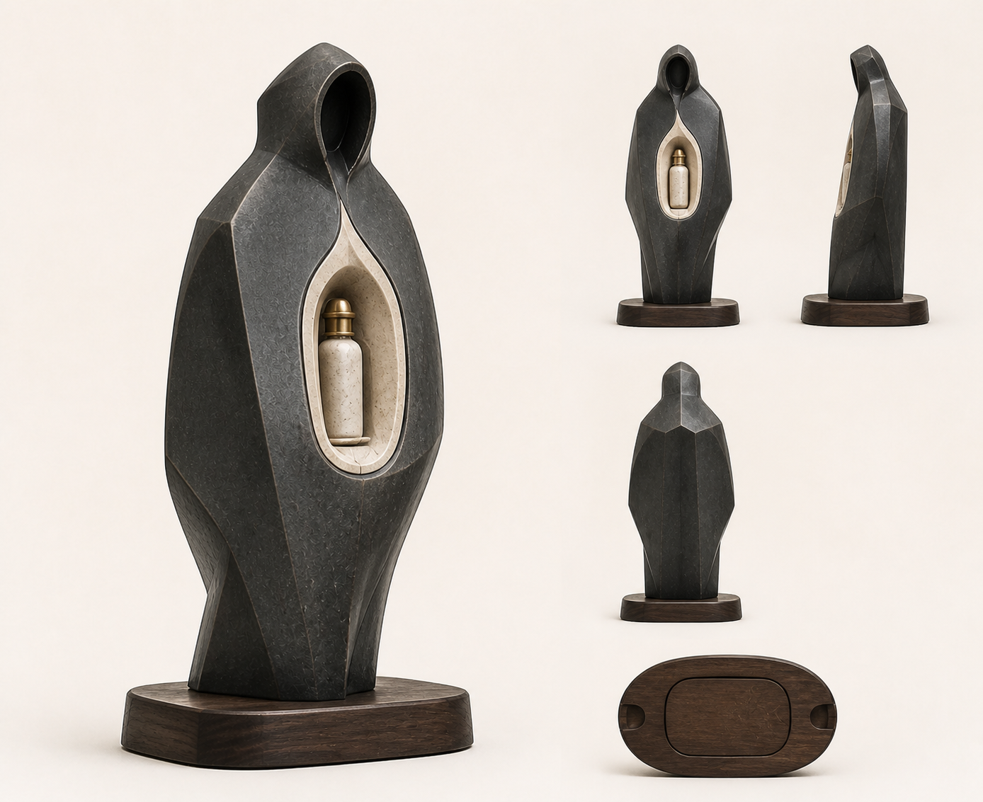 Voyager concept study: a faceted, hooded figure carrying a bottle, shown from several angles