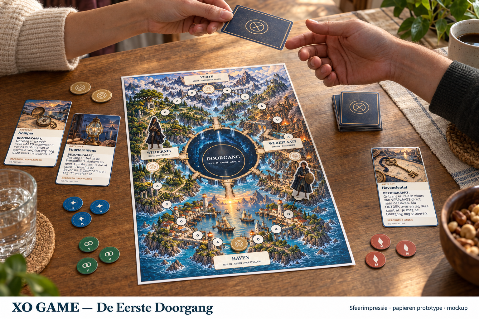 Sfeerbeeld van twee volwassenen die een kaart doorgeven naast het papieren bord, met uitgeknipte Voyagers en blauwe, groene en rode tokens.